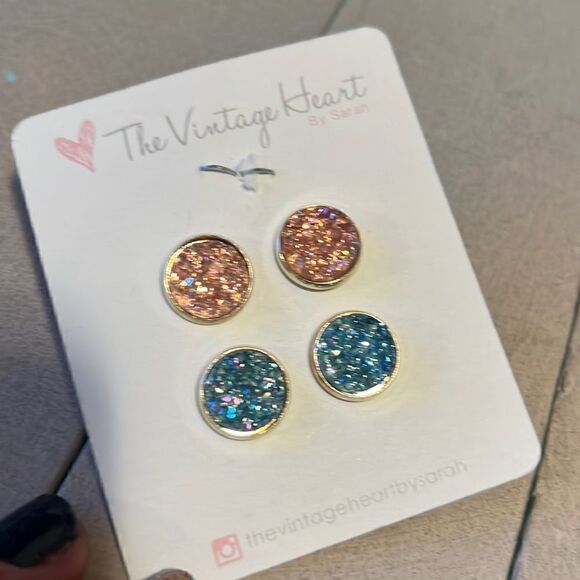 New Sparkly Blue + Blush Druzy Stud Earrings - Picture 1 of 3